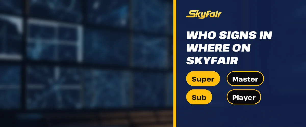 Who signs in where on SkyFair strip over a lounge wall of sports screens with Super, Master, Sub and Player chips