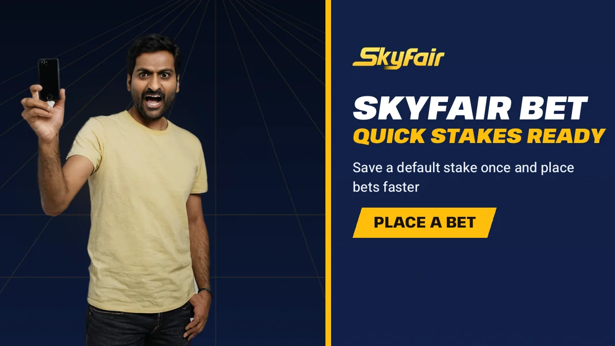 Skyfair Bet Quick Stakes Ready banner reading Save a default stake once and place bets faster, fan cheering with a phone