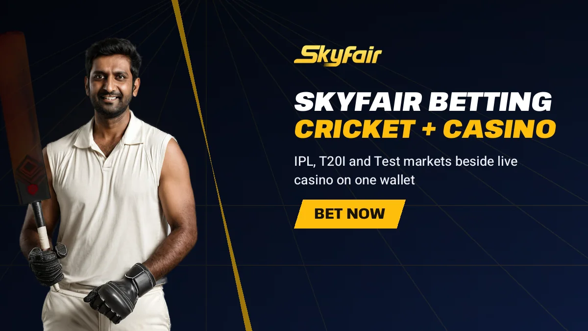 Skyfair Betting Cricket + Casino banner reading IPL, T20I and Test markets beside live casino on one wallet, batsman raising his bat high