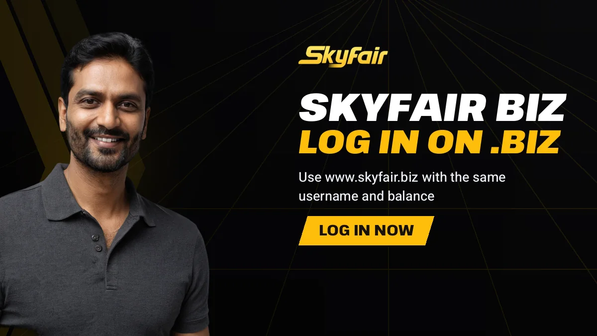 Skyfair Biz Log In On .Biz banner reading Use www.skyfair.biz with the same username and balance, man in a black polo pointing