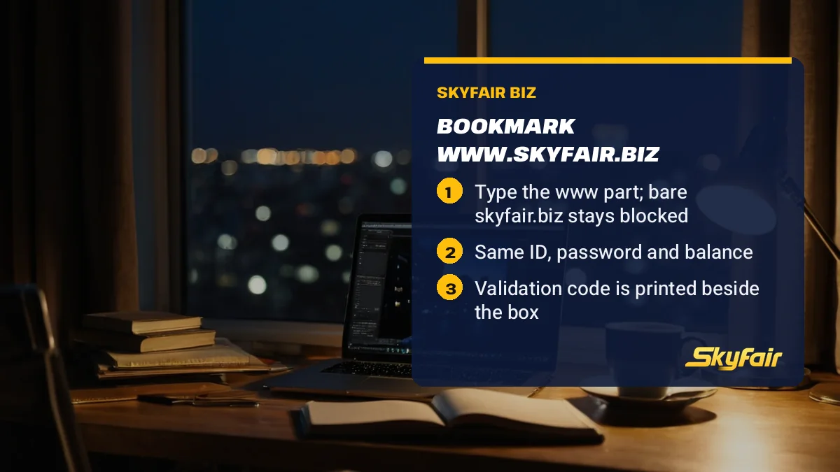 Bookmark www.skyfair.biz card over a laptop by a night window: Type the www part; bare skyfair.biz stays blocked; Same ID, password and balance; Validation code is printed beside the box