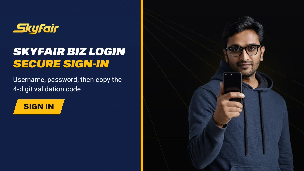 Skyfair Biz Login Secure Sign-In banner reading Username, password, then copy the 4-digit validation code, man in a navy hoodie with a phone