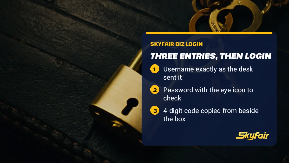 Three entries, then Login card over a gold padlock and keys: Username exactly as the desk sent it; Password with the eye icon to check; 4-digit code copied from beside the box