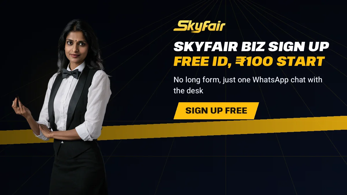 Skyfair Biz Sign Up Free Id, ₹100 Start banner reading No long form, just one WhatsApp chat with the desk, card dealer explaining