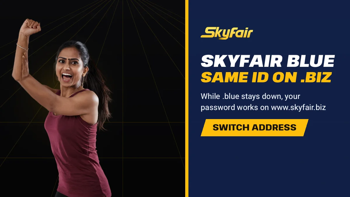 Skyfair Blue Same Id On .Biz banner reading While .blue stays down, your password works on www.skyfair.biz, woman cheering with arms up