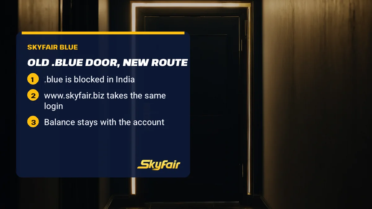Old .blue door, new route card over a lit corridor door: .blue is blocked in India; www.skyfair.biz takes the same login; Balance stays with the account