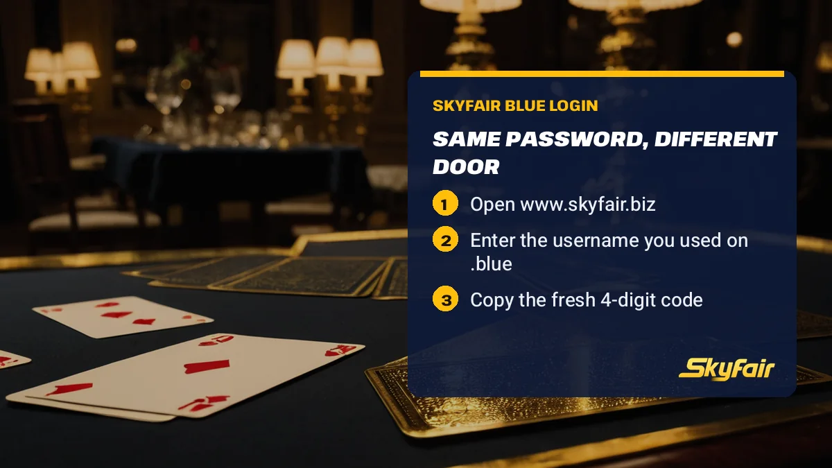 Same password, different door card over a baccarat table: Open www.skyfair.biz; Enter the username you used on .blue; Copy the fresh 4-digit code