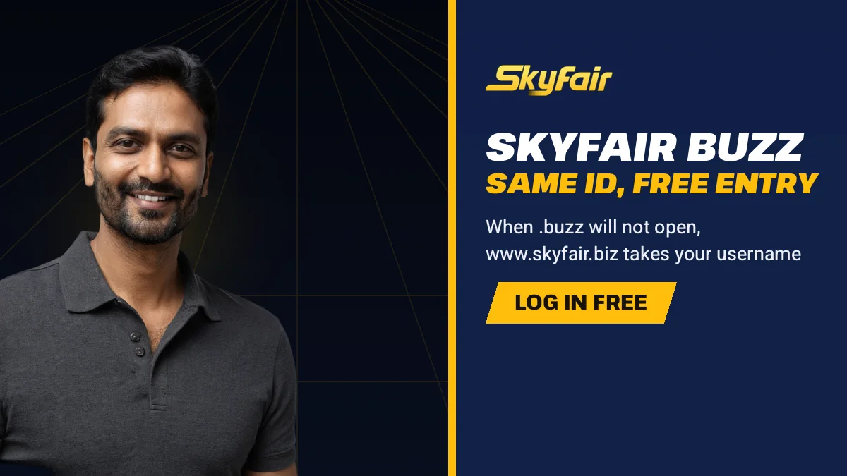 Skyfair Buzz Same Id, Free Entry banner reading When .buzz will not open, www.skyfair.biz takes your username, man in a black polo pointing