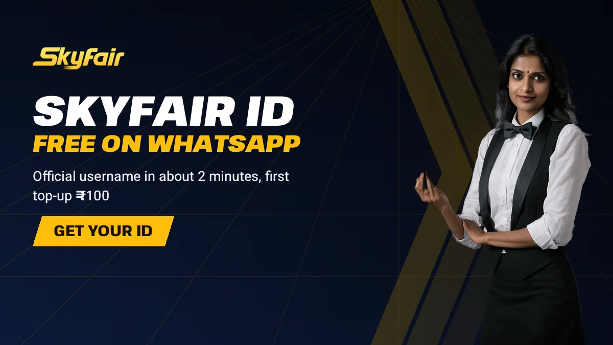 Skyfair Id Free On Whatsapp banner reading Official username in about 2 minutes, first top-up ₹100, card dealer explaining