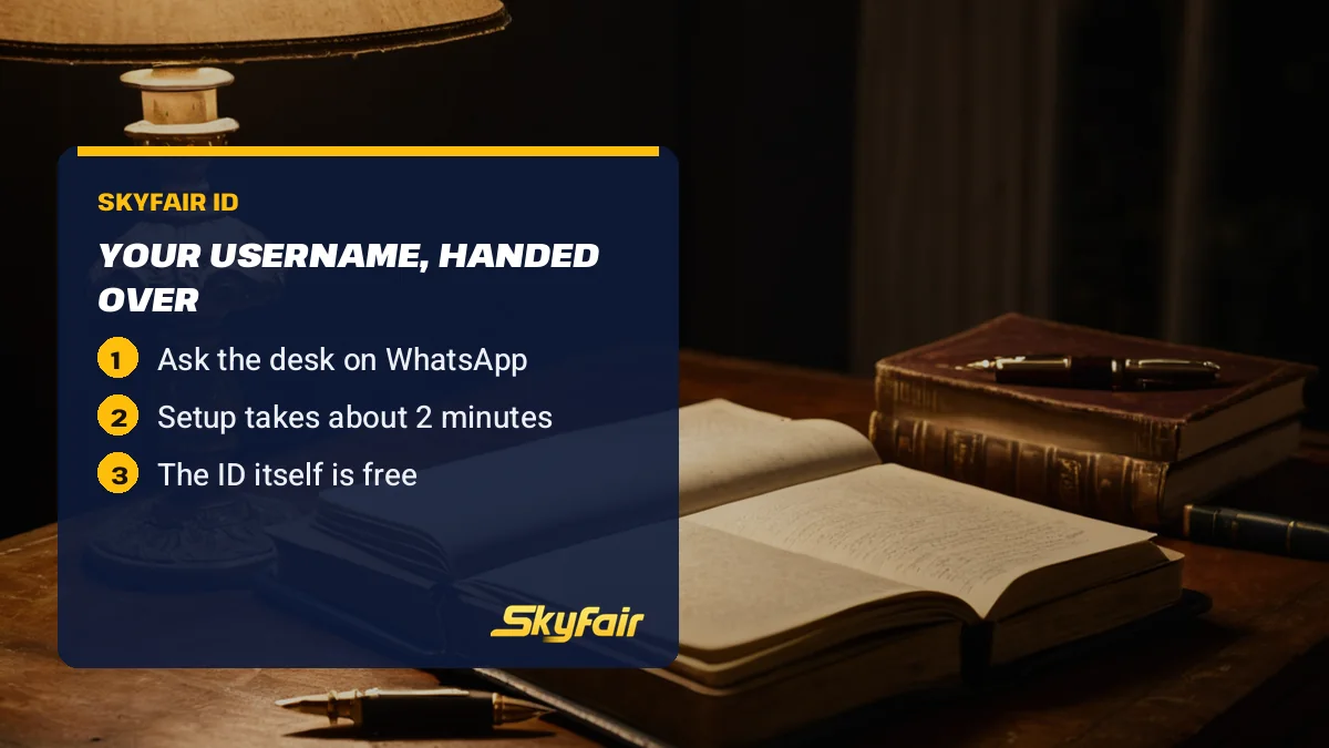 Your username, handed over card over a notebook and fountain pen: Ask the desk on WhatsApp; Setup takes about 2 minutes; The ID itself is free