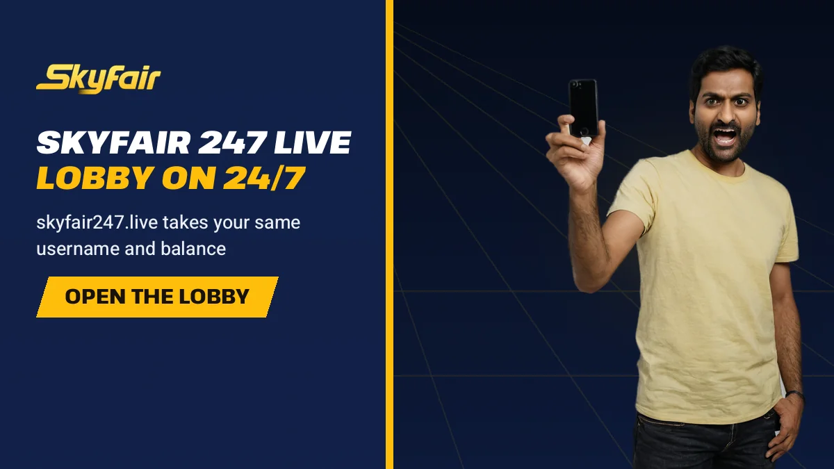 Skyfair 247 Live Lobby On 24/7 banner reading skyfair247.live takes your same username and balance, fan cheering with a phone