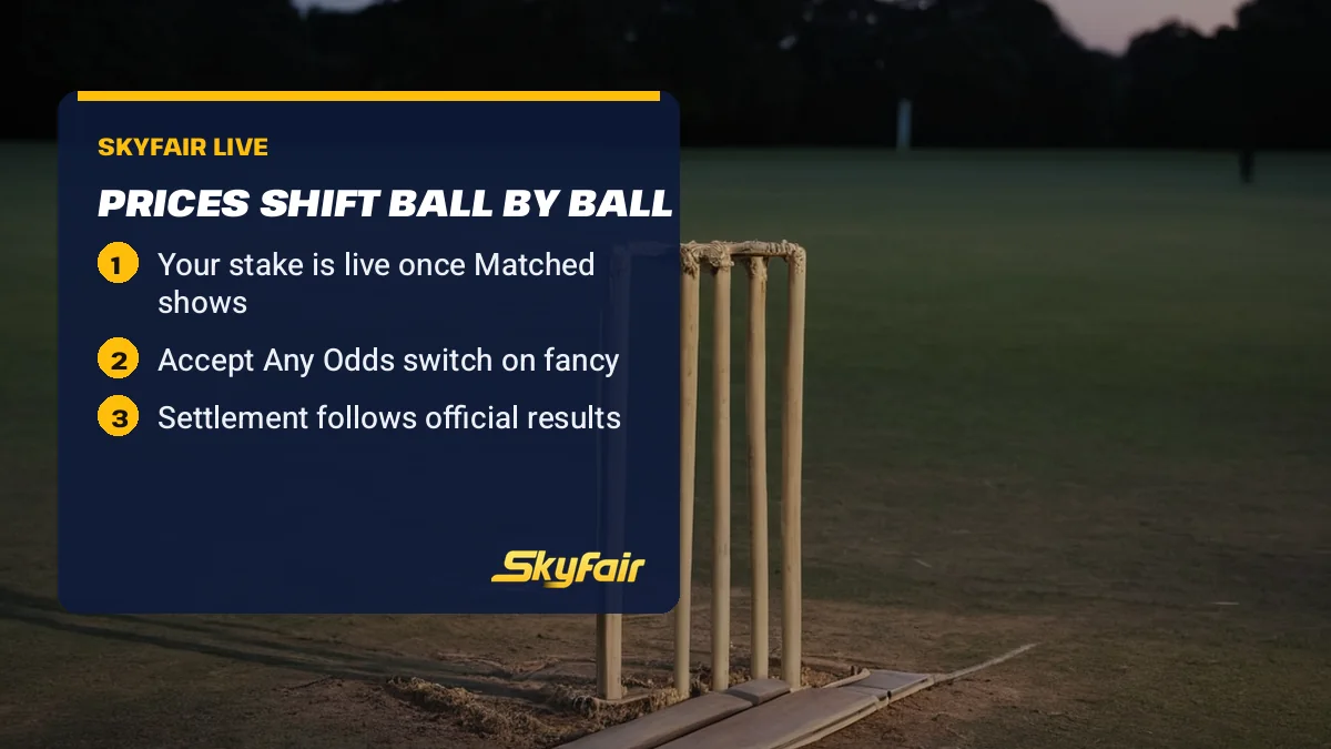 Prices shift ball by ball card over stumps at dusk: Your stake is live once Matched shows; Accept Any Odds switch on fancy; Settlement follows official results