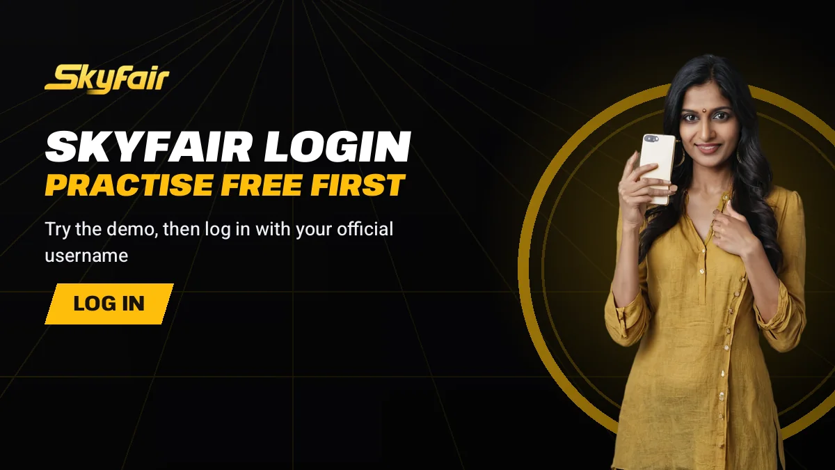 Skyfair Login Practise Free First banner reading Try the demo, then log in with your official username, woman giving a thumbs up