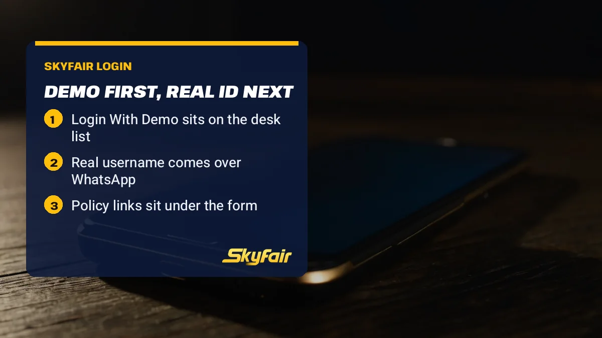 Demo first, real ID next card over a phone on a night desk: Login With Demo sits on the desk list; Real username comes over WhatsApp; Policy links sit under the form
