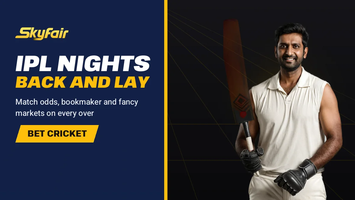 Ipl Nights Back And Lay banner reading Match odds, bookmaker and fancy markets on every over, batsman raising his bat high