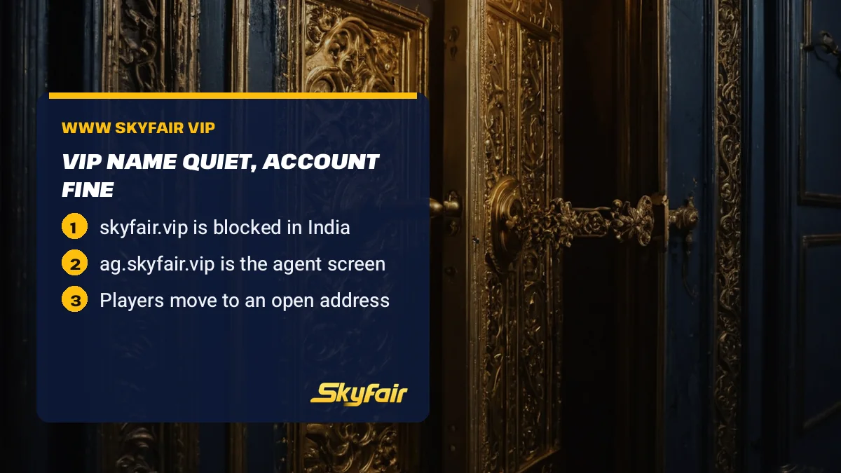 VIP name quiet, account fine card over an open gold vault door: skyfair.vip is blocked in India; ag.skyfair.vip is the agent screen; Players move to an open address