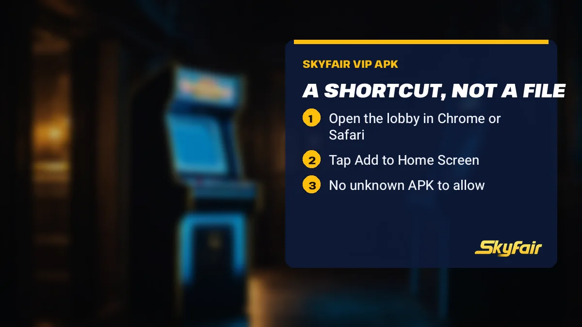 A shortcut, not a file card over an arcade row: Open the lobby in Chrome or Safari; Tap Add to Home Screen; No unknown APK to allow