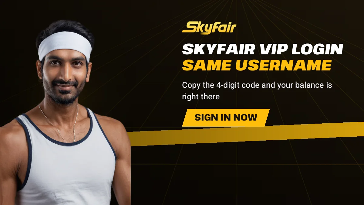 Skyfair Vip Login Same Username banner reading Copy the 4-digit code and your balance is right there, tennis player in a white headband with a racket