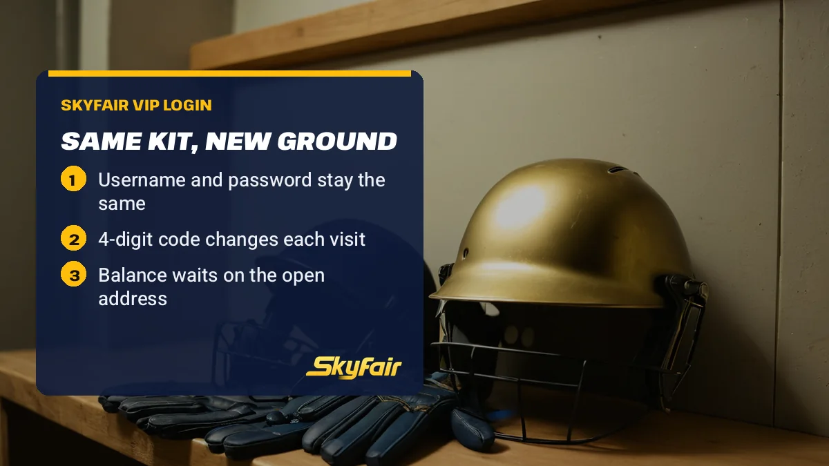 Same kit, new ground card over a helmet and gloves in a dressing room: Username and password stay the same; 4-digit code changes each visit; Balance waits on the open address