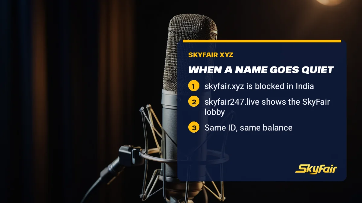 When a name goes quiet card over a broadcast microphone: skyfair.xyz is blocked in India; skyfair247.live shows the SkyFair lobby; Same ID, same balance